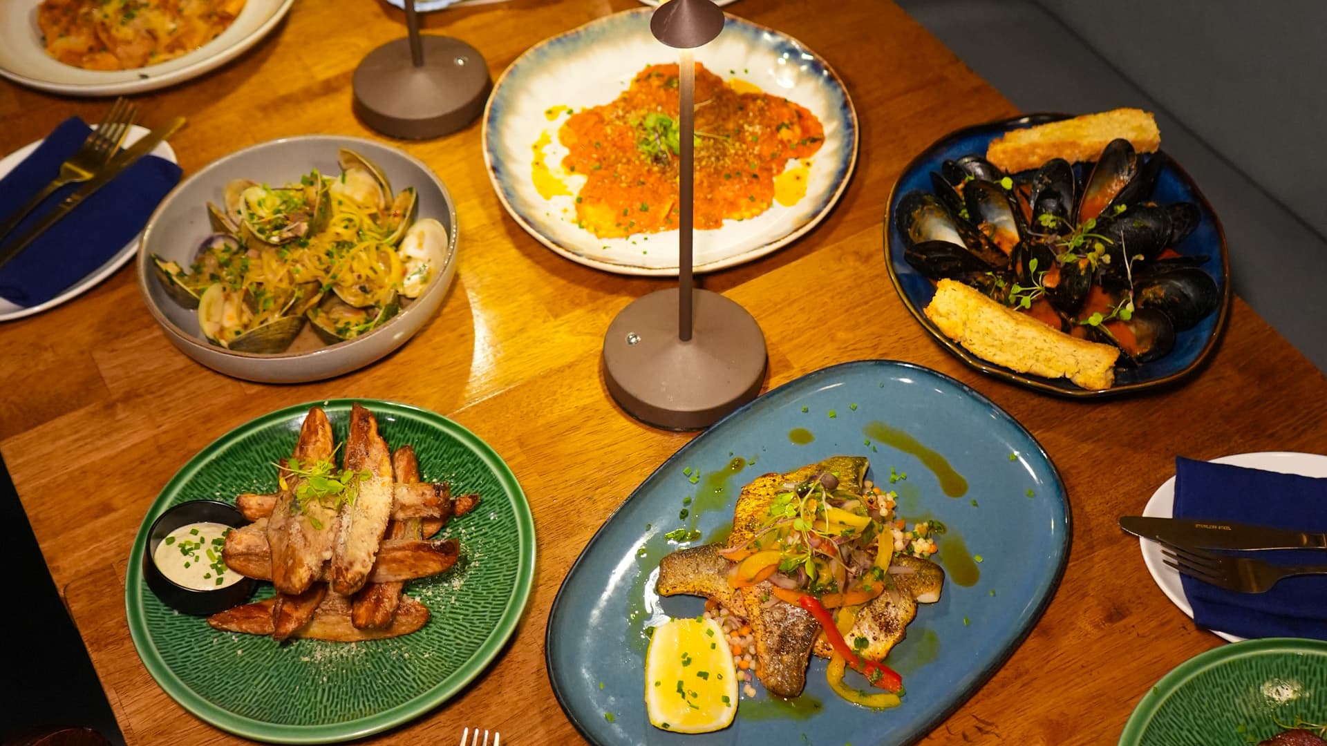 Dinner at Siren with pasta, fish, mussels, and shared plates